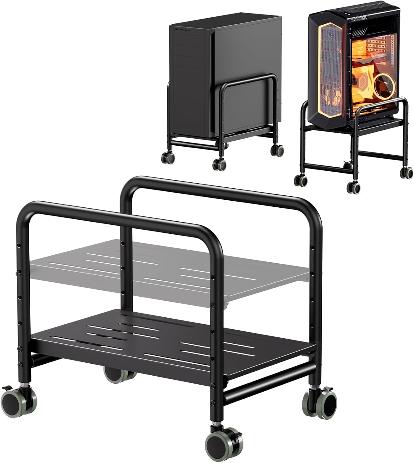 Computer Tower Stand Under Desk - Height Adjustable PC Stand for Most Mid-Tower, Rolling CPU Holder with 360° Locking Wheels, Max Load 66 lbs, Black