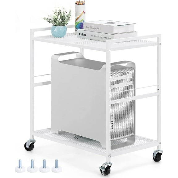 Computer Tower Stand White PC Tower Stand 2 Tier CPU Holder with Wheels Metal Mobile Computer Tower Cart Rolling PC Cart Floor for Fax Home Office