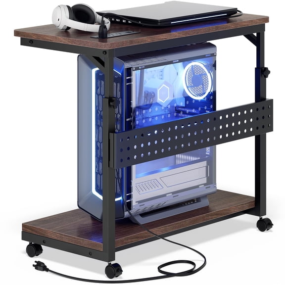 Computer Tower Stand With Power Strips  4 Levels Manual Height Adjustable Pc For Under Desk Mobile Rolling Cpu Holder Cart Wheels 24" Black Walnut