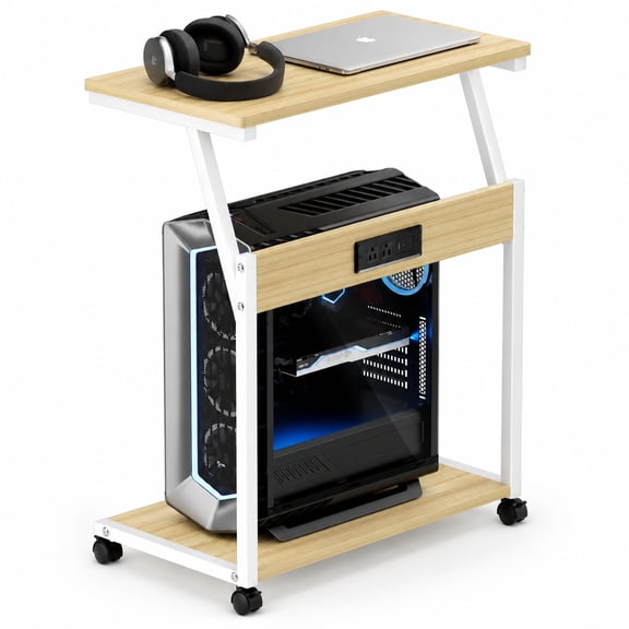 Computer Tower Stand with Charging Station, 2-Tier Rolling PC Cart, Adjustable Height, White Metal Frame with Wood-Grain Shelves