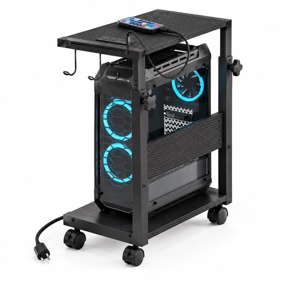 Computer Tower Stand with RGB LED Light Strip, Adjustable Height 23"-33" Mobile CPU Holder with Power Hub, Black Texture