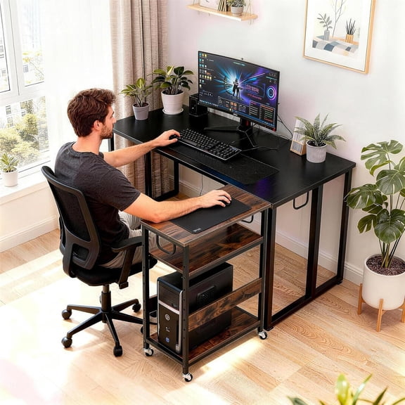 Computer Tower Stand with Wheels, 3-Tier PC Floor Cart with Adjustable Shelf & Side Storage for Home Office