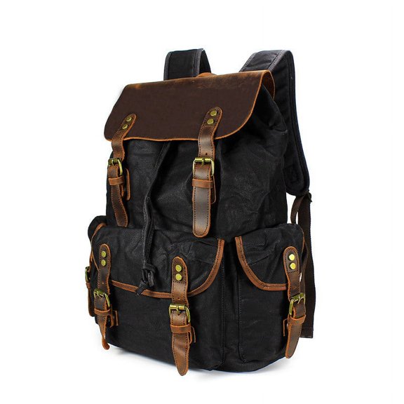 Computer Travel Bag Waxed Canvas With Crazy Horse Leather School Bag,Dark Grey