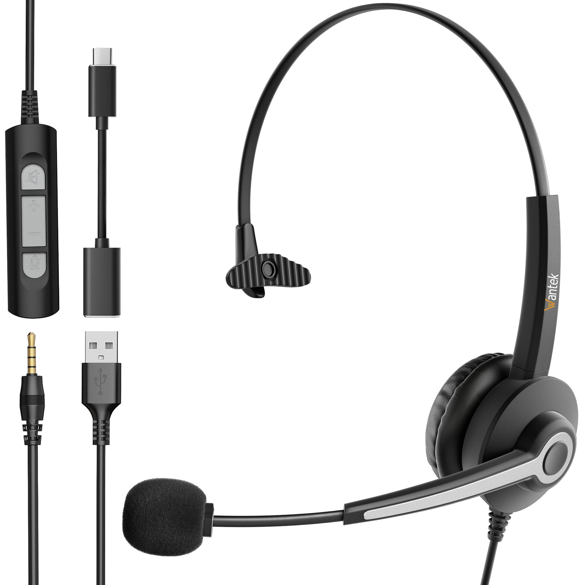 Wantek USB Computer Headset with Microphone for Laptop PC 3.5mm Wired Stereo Call Center Headset with Noise Cancelling Corded Desktop Headphones with