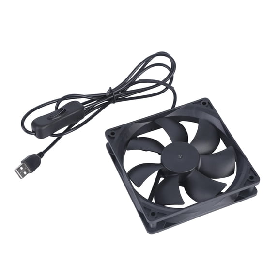 Computer Ventilation Fan 120 millimeter Square 25mm Depth, Brushless USB Air Mover, Inline On Off Control, Housing for Equipment Tasks, Cabinet Placement