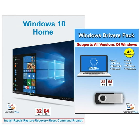 Computer Werx Windows 10 Home 32/64 Bit USB with Key Install Repair Recover Restore USB & Drivers Pack, 2 Pack