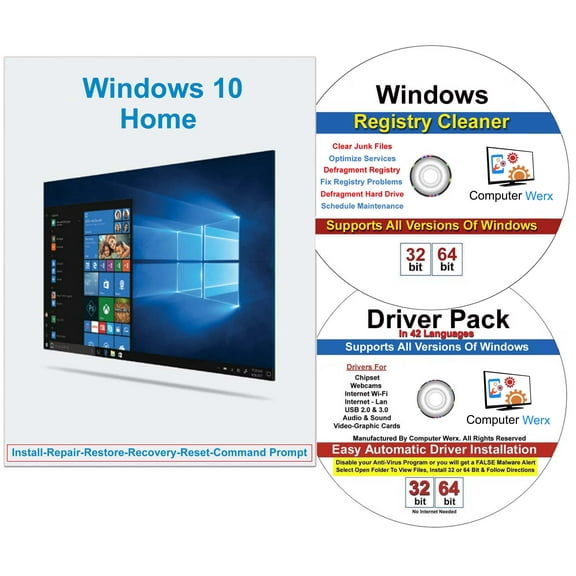 Computer Werx: Windows 10 Home, Repair, Restore & Recover 32/64 Bit (PC Disc Key) 1 User, 3 Pack