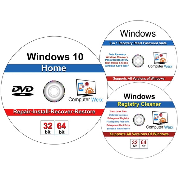 Computer Werx: Windows 10, Professional 32/64 Bit Reset Recovery Suite (DVD)