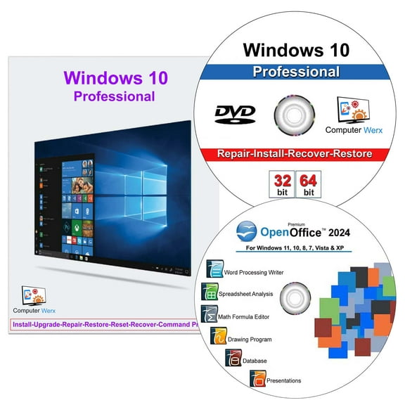 Computer Werx Windows 10 Professional Repair Install DVD with Key & Office 2024, 2 PK