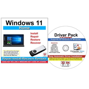 Computer Werx Windows 11 Home 64 Bit Repair, Recover, Restore & Reinstall USB For UEFI Bios & Drivers Pack, 2PK