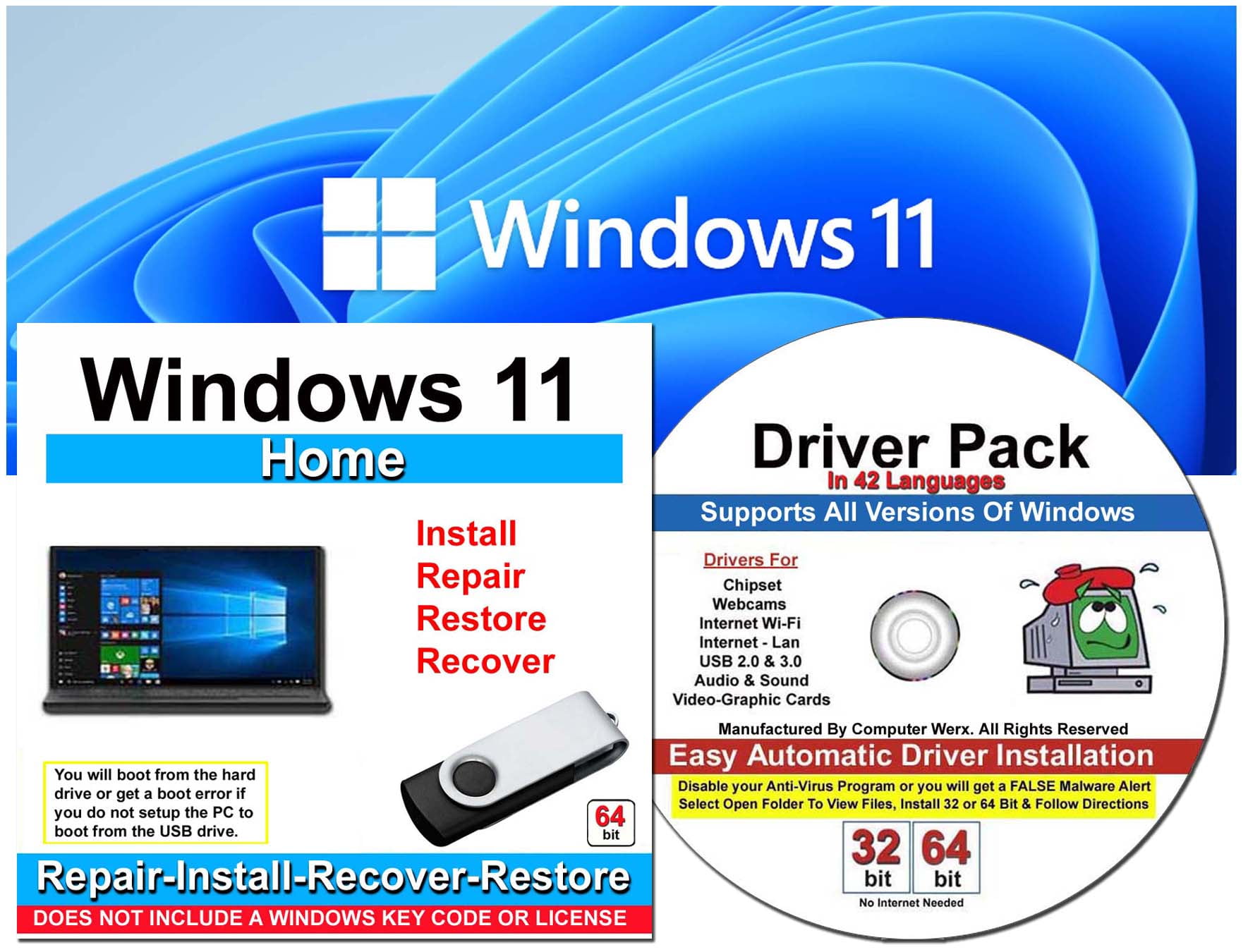 Computer Werx Windows 11 Home 64 Bit Repair, Recover, Restore & Reinstall  USB For UEFI Bios & Drivers Pack, 2PK