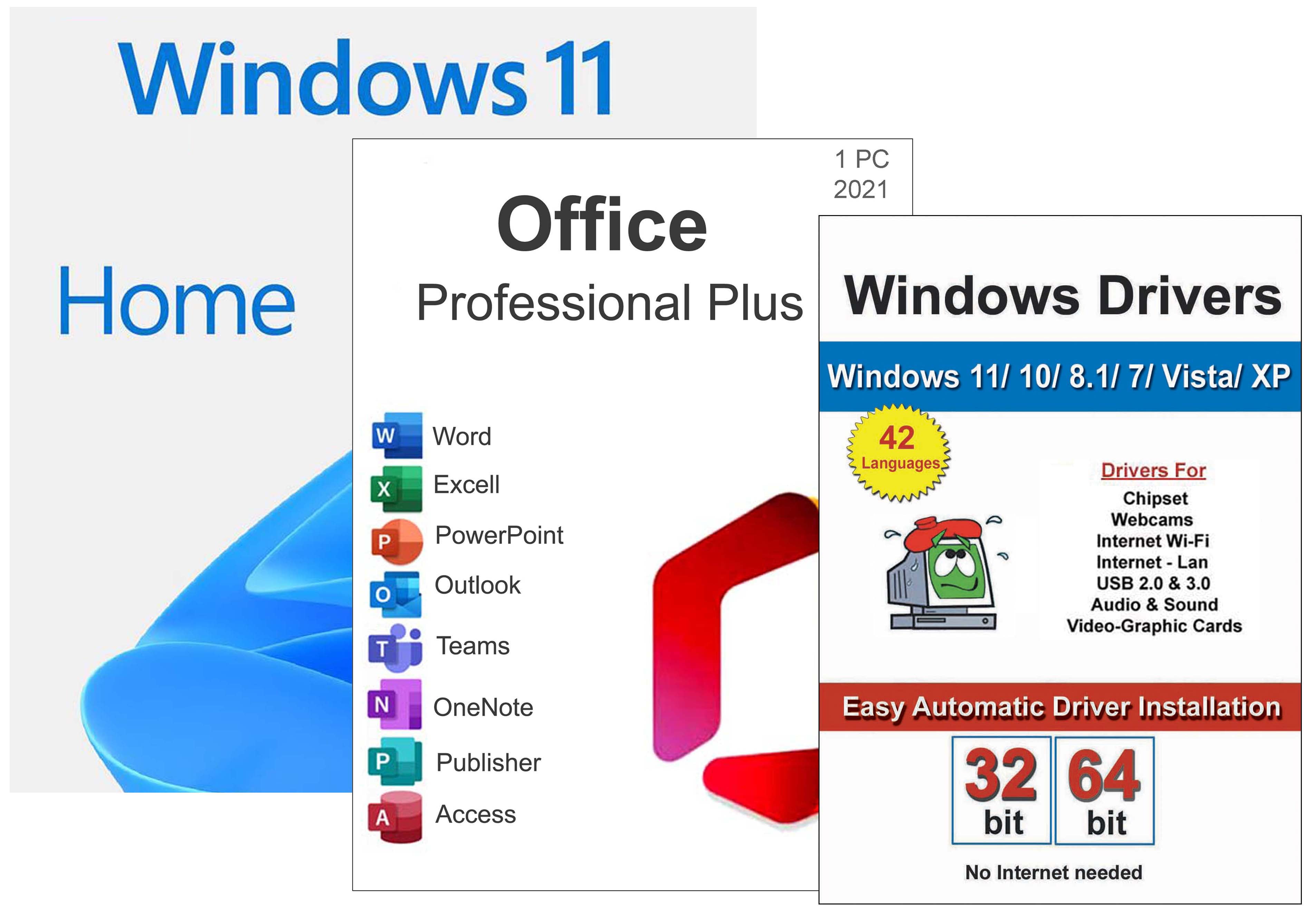 Computer Werx: Windows 11 Home 64 Office 2021 Pro Plus & Drivers Pack (PC Disc) 1 User