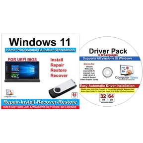 Computer Werx Windows 11 Home Professional Education Workstation Repair Restore Recover Reinstall USB & Drivers Pack