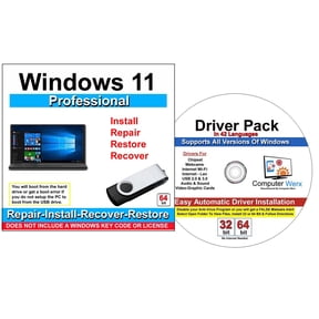Computer Werx Windows 11 Professional 64 Bit Repair, Recover, Restore & Reinstall USB For UEFI Bios & Drivers Pack, 2PK