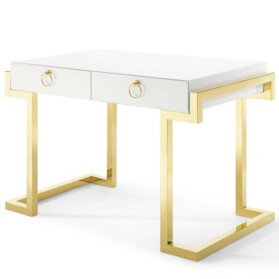 Computer Work Desk Entry Table, Wood, Metal Steel, Gold White, Modern Contemporary Urban Design, Home Business Office Furniture