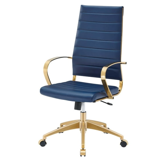 Computer Work Desk High Back Chair, Navy Gold, Faux Vinyl Leather, Modern Contemporary, Home Business Office Furniture
