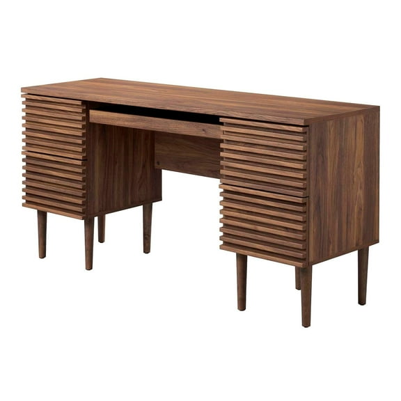 Computer Work Desk, Walnut, Wood, Mid Century Home Office Business, Modern Contemporary HB34617