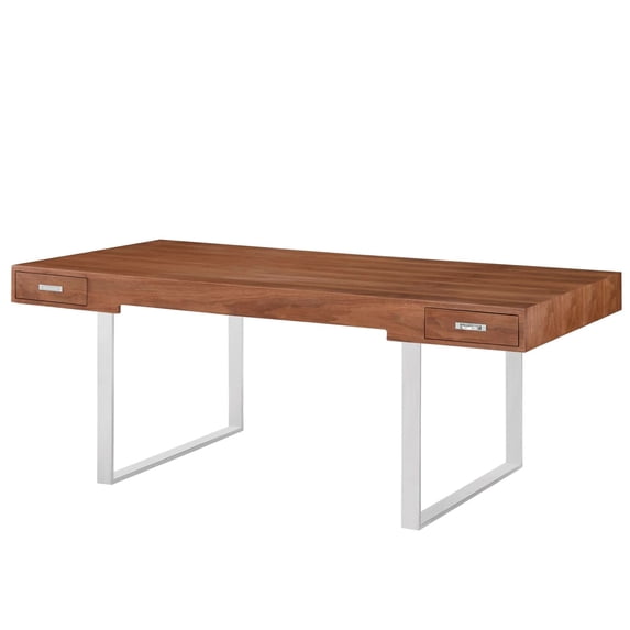 Computer Work Desk, Walnut, Wood, Stainless, Home Office Business, Modern Contemporary HB33183