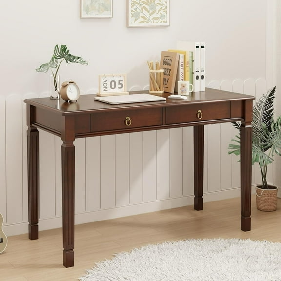 Computer Writing Desk with 2 Storage Drawers, 46"W French Provincial Corner Desk Table with Carved Legs, Solid Wood Large Vanity Dressing Desk, Home Office Table,Easy Assembly, Dark Cherry BSZ-D1258