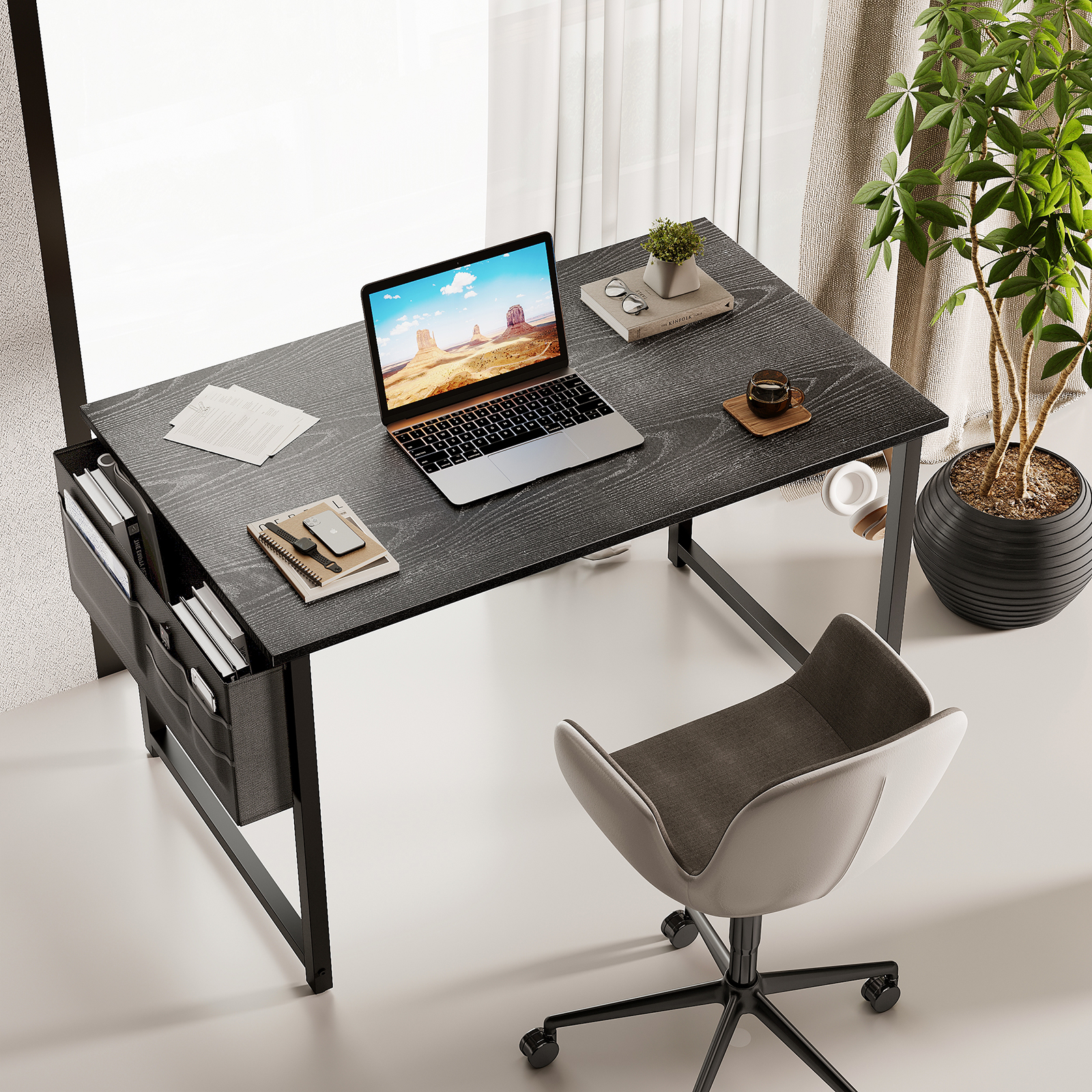 Computer Writing Desk 40 inch, Sturdy Home Office Table, Work Desk with a Storage Bag and Headphone Hook, Espresso Gray - image 1 of 6