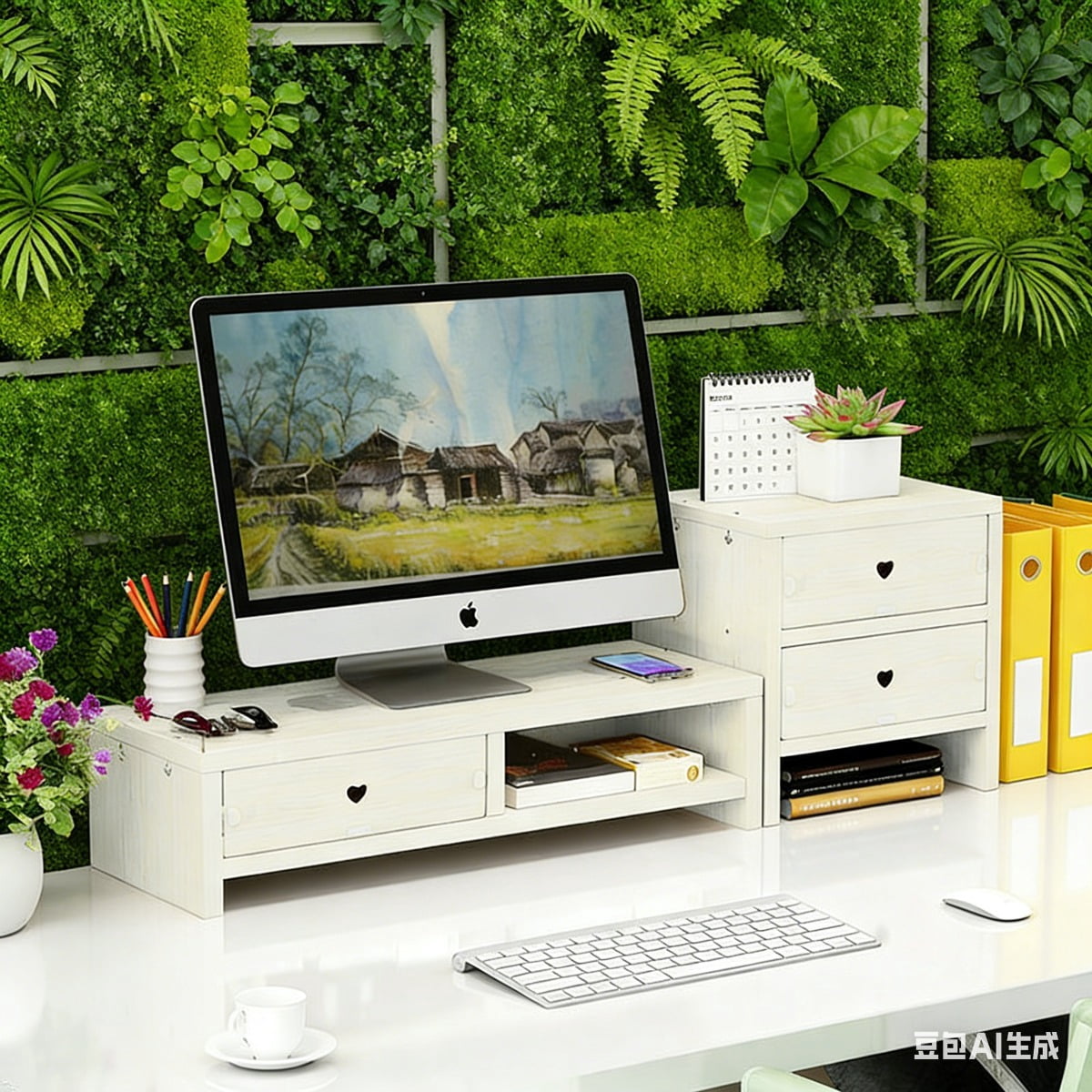 Computer monitor screen, elevated base, desktop keyboard, sorting and ...