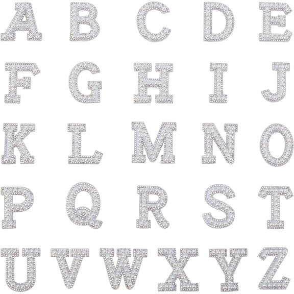 Computerized Embroidery Cloth Iron On/Sew On Patches with Imitation Pearl Beads and Rhinestone Costume Accessories Appliques Alphabet Letter A~Z White 44~49x20~51x5.5mm 26pcs/set