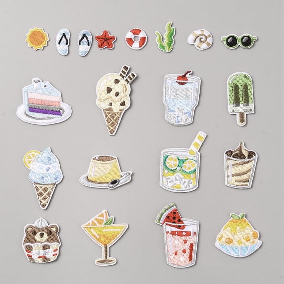 Computerized Embroidery Cloth Self Adhesive Patches Stick On Patch Costume Accessories Appliques Food Mixed Color 10~46.5x9~36x1.5~2.5mm 20pcs/set