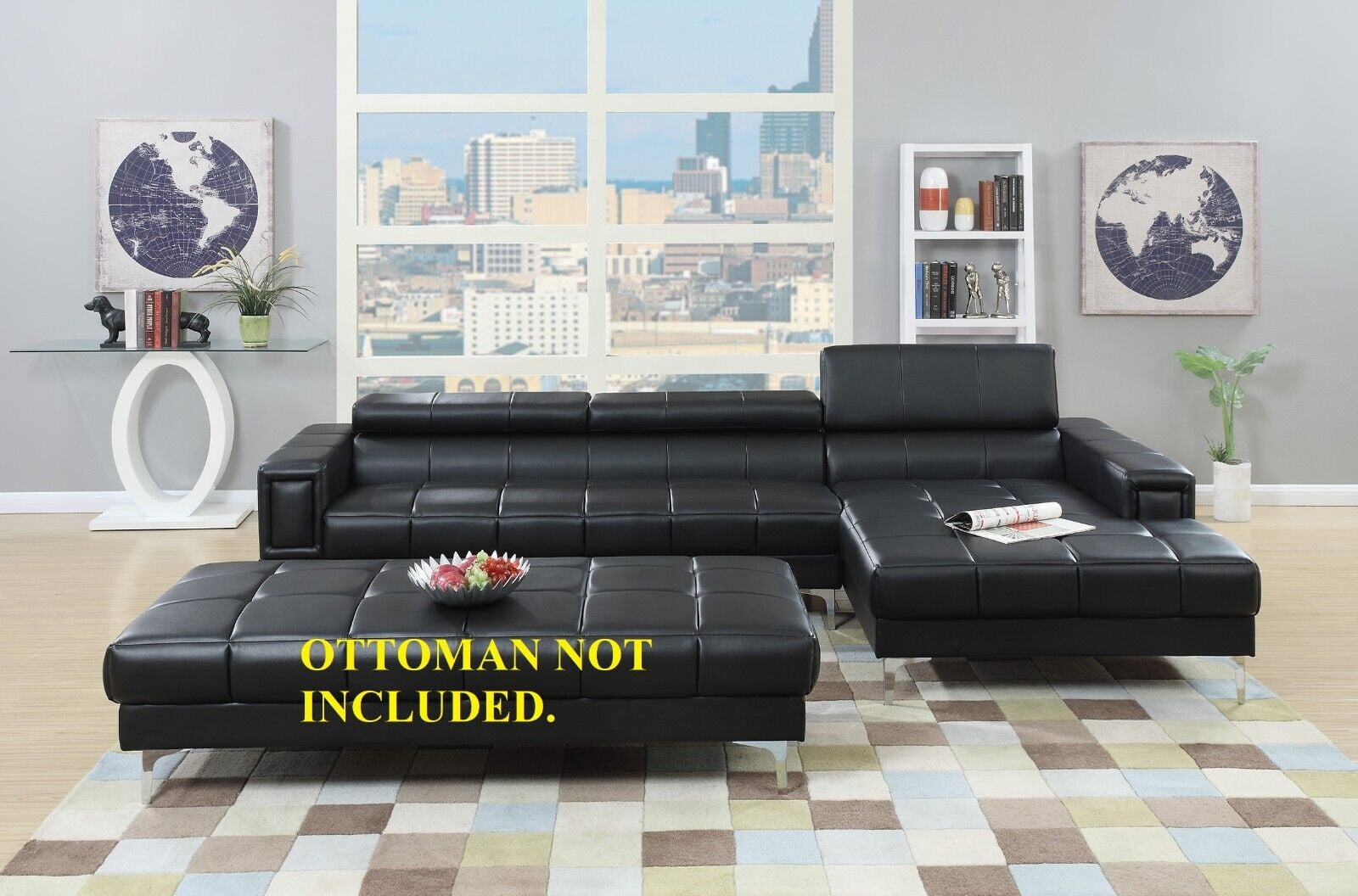 Comtemporary Modern Black Bonded Leather 2pc Sectional Sofa Set Living Room Furniture Sofa Chaise Metal Legs Lounge Adjustable Headrest