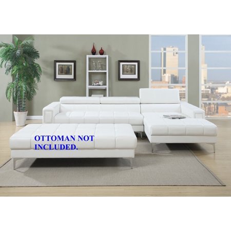 Comtemporary Modern White Bonded Leather 2pc Sectional Sofa Set Living Room Furniture Sofa Chaise Metal Legs Lounge Adjustable Headrest
