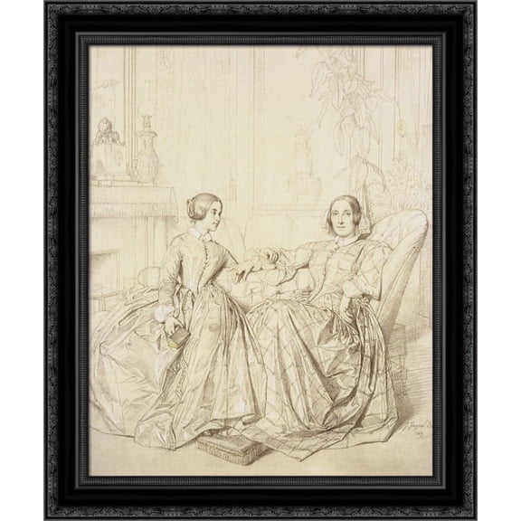 Comtesse Charles d'Agoult, n?e Marie de Flavigny, and Her Daughter Claire d'Agoult 20x23 Black Ornate Wood Framed Canvas Art by Ingres, Jean Auguste Dominique