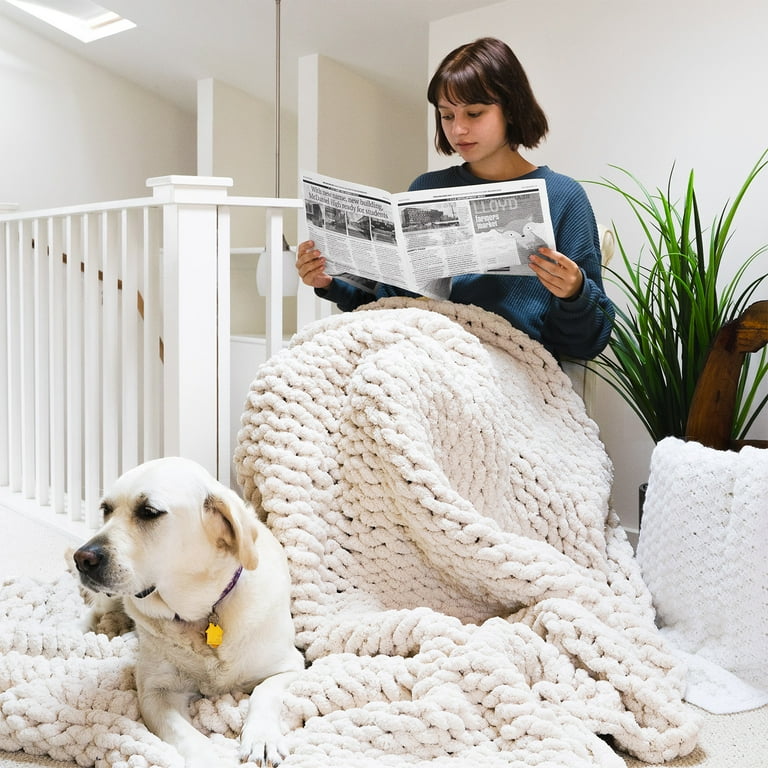 Comtest Chunky Knit Blanket Throw Knitted Blanket Chenille Beige