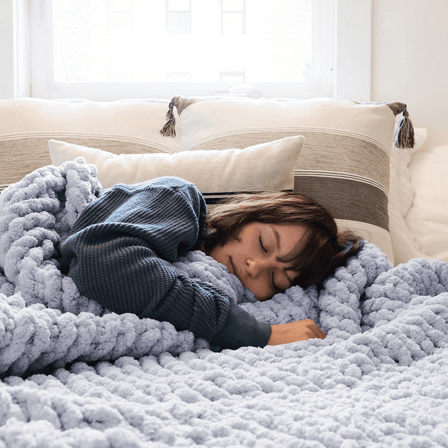 Comtest Chunky Knit Throw Blanket Chenille, Light Gray, 40"x80"(Three Seater Sofa/Twin Size