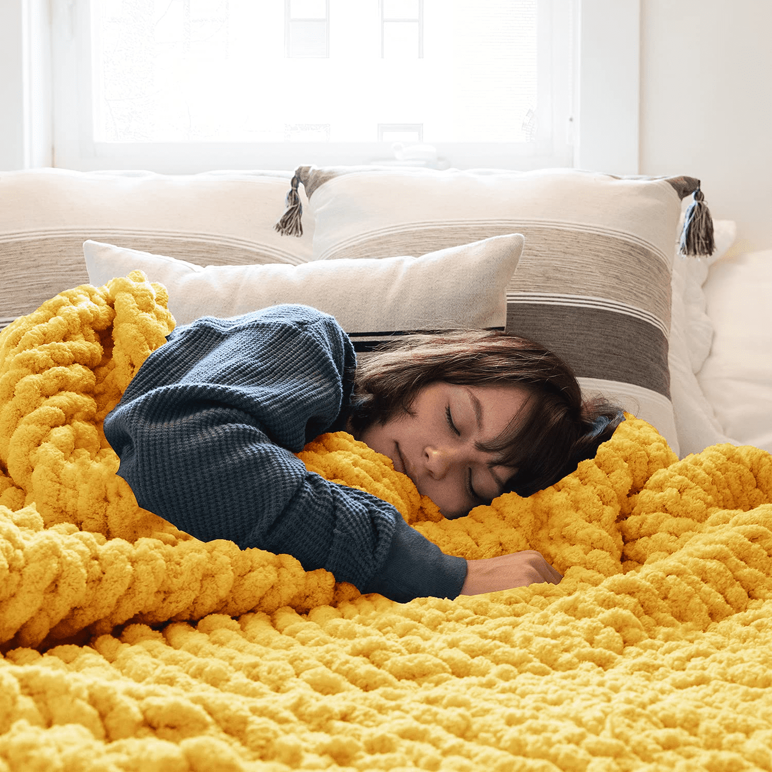 Comtest Chunky Knit Throw Blanket Chenille, Turmeric, 40"x40"(Single Sofa)
