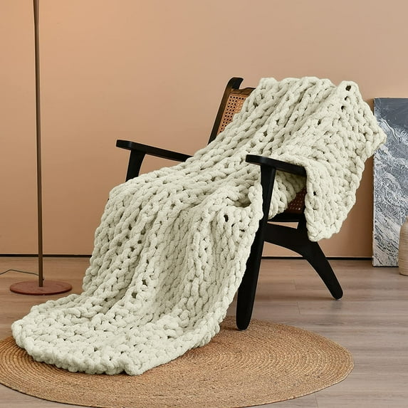 Comtest Chunky Knit Throw Blanket Soft Warm Chenille Blanket, Milk White, 40" x 40"(Single Sofa)