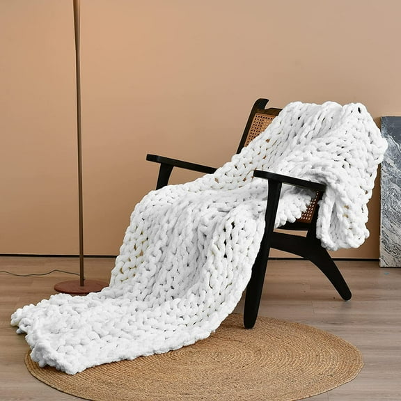 Comtest Chunky Knit Throw Blanket Soft Warm Chenille Blanket, White, 40" x 40"(Single Sofa)