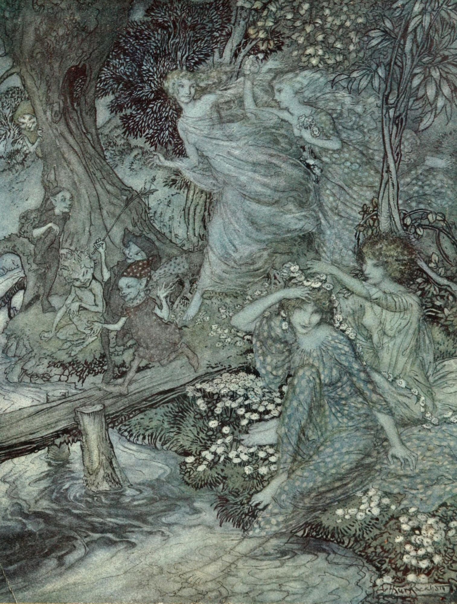 Comus 1921 Wood nymphs with daisies Canvas Art - Arthur Rackham (24 x 36)