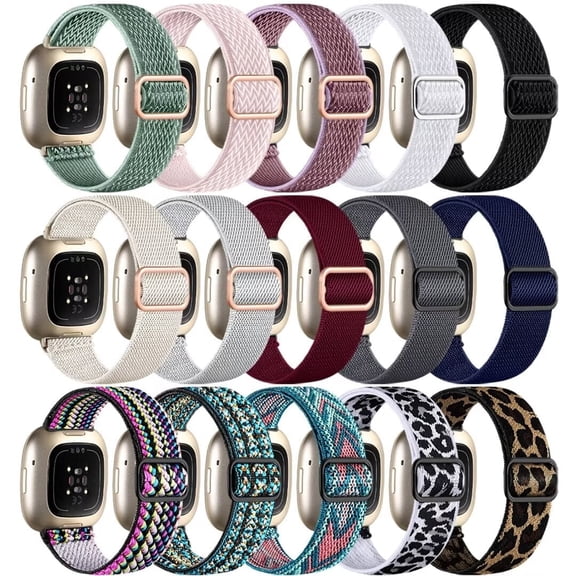 Comvin 15 Pack Elastic Band Compatible with Fitbit Versa 4 Bands for Woman/Sense 2/Sense/Versa 3 Bands, Adjustable Stretchy Nylon Solo Loop Sport Strap for SmartWatch Replacement