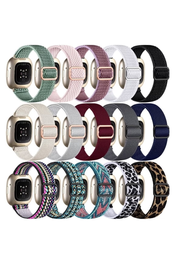 15 Pack Elastic Band Compatible with Fitbit Versa 4 Bands for Woman/Sense 2/Sense/Versa 3 Bands, Adjustable Stretchy Nylon Solo Loop Sport Strap for SmartWatch Replacement