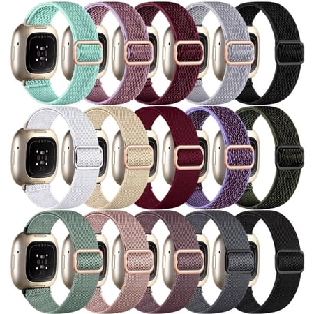Comvin 15 Pack Elastic Band Compatible with Fitbit Versa 4 Bands for Woman/Sense 2/Sense/Versa 3 Bands, Adjustable Stretchy Nylon Solo Loop Sport Strap for SmartWatch Replacement