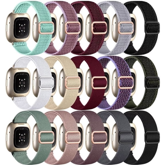 Comvin 15 Pack Elastic Band Compatible with Fitbit Versa 4 Bands for Woman/Sense 2/Sense/Versa 3 Bands, Adjustable Stretchy Nylon Solo Loop Sport Strap for SmartWatch Replacement