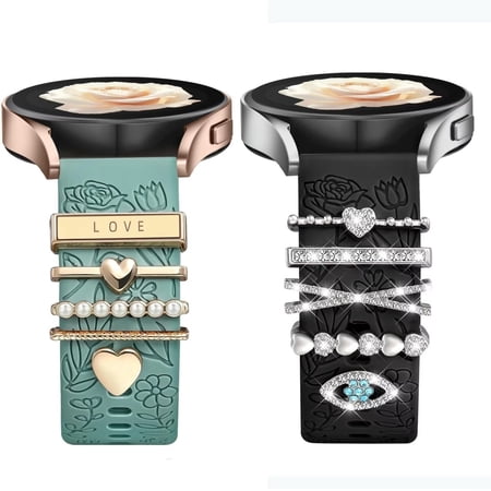 Comvin 2 Pack Flower Engraved Band for Samsung Galaxy Watch 7 Band/FE Watch 6 5 4 40mm 44mm/Galaxy Watch 5 Pro Band, 20mm Soft Silicone Replacement Strap with Decorative Charms Accessories Women