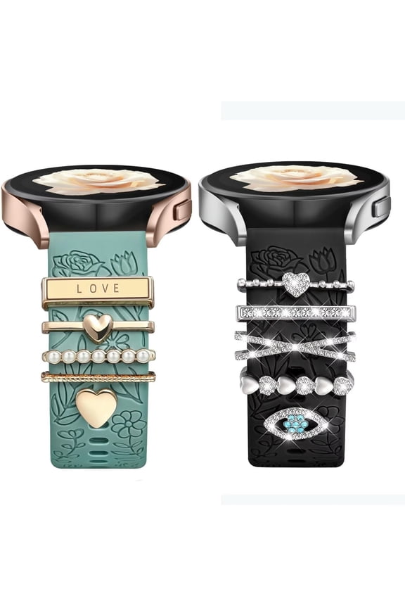 2 Pack Flower Engraved Band for Samsung Galaxy Watch 7 Band/FE Watch 6 5 4 40mm 44mm/Galaxy Watch 5 Pro Band, 20mm Soft Silicone Replacement Strap with Decorative Charms Accessories Women