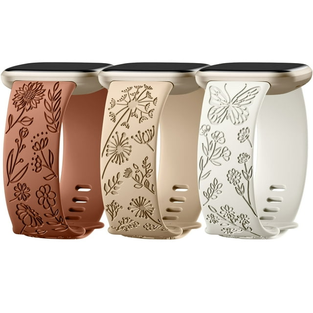 Comvin 3 Pack Floral Engraved Bands Compatible with Fitbit Versa 4 Bands/Fitbit Sense 2 Bands/Fitbit Sense Bands/Fitbit Versa 3 Bands Women, Soft Cute Silicone Design Sport Fancy Summer Strap, Small