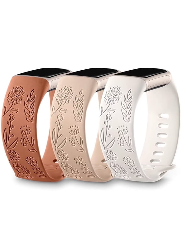 3 Packs Floral Engraved Band Compatible with Fitbit Charge 6 Bands/Fitbit Charge 5 Bands Women, Cute Soft Silicone Sunflower Pattern Sport Designer Fancy Summer Strap for Charge 6/5