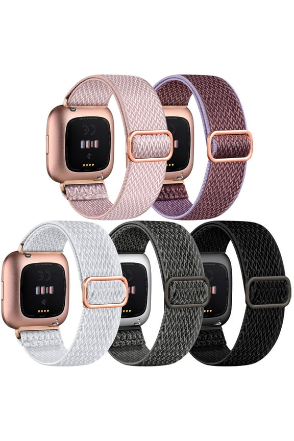 5 Pack Elastic Bands Compatible with Fitbit Versa 2/Versa/Versa Lite/Versa SE Watch Bands for Women Men, Adjustable Stretchy Nylon Solo Loop Sport Strap
