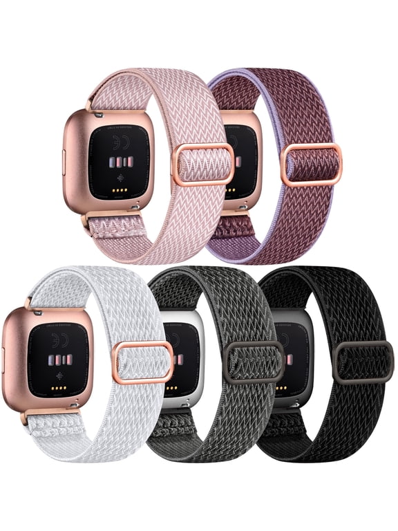 5 Pack Elastic Bands Compatible with Fitbit Versa 2/Versa/Versa Lite/Versa SE Watch Bands for Women Men, Adjustable Stretchy Nylon Solo Loop Sport Strap