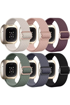 6 Pack Braided Elastic Band Compatible with Fitbit Versa 4/Fitbit Versa 3/Fitbit Sense/Fitbit Sense 2 Bands Women Men, Adjustable Stretchy Solo Loop Nylon Sport Straps Wristband