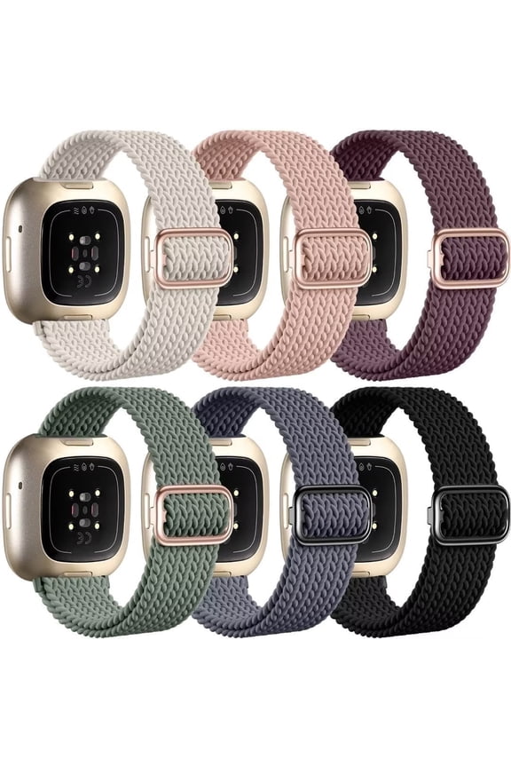 6 Pack Braided Elastic Band Compatible with Fitbit Versa 4/Fitbit Versa 3/Fitbit Sense/Fitbit Sense 2 Bands Women Men, Adjustable Stretchy Solo Loop Nylon Sport Straps Wristband