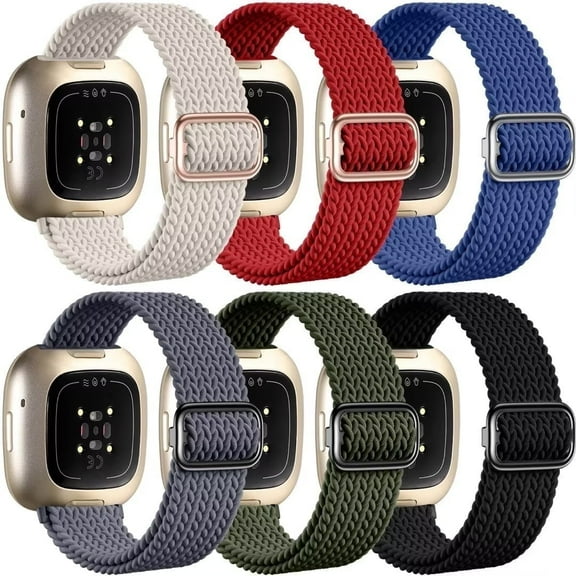 Comvin 6 Pack Braided Elastic Band Compatible with Fitbit Versa 4/Fitbit Versa 3/Fitbit Sense/Fitbit Sense 2 Bands Women Men, Adjustable Stretchy Solo Loop Nylon Sport Straps Wristband