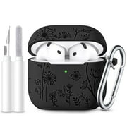 Comvin for Apple AirPods 4 Case Cover 2024, Cute Flower Engraved Silicone Case for AirPods 4 Case with Cleaner Kit & Keychain for Women Men, Black